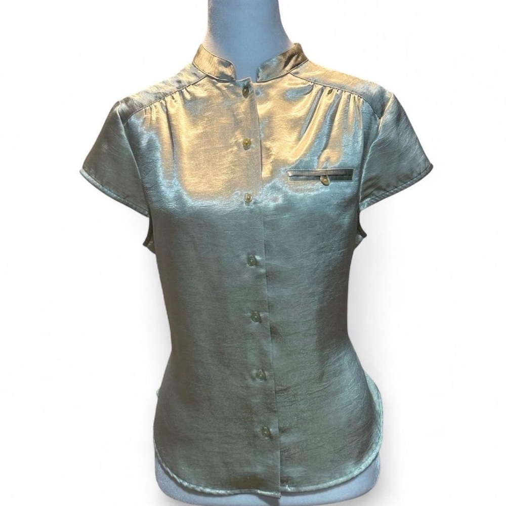 Gold Shimmering Satin Retro Cap Sleeve Blouse.  Rare, P-P21”L-21.5” Jaclyn Smith